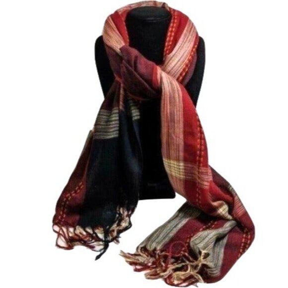 Handwoven Striped Fringed Scarf In Earthy Tones 9c - Picture 2 of 6